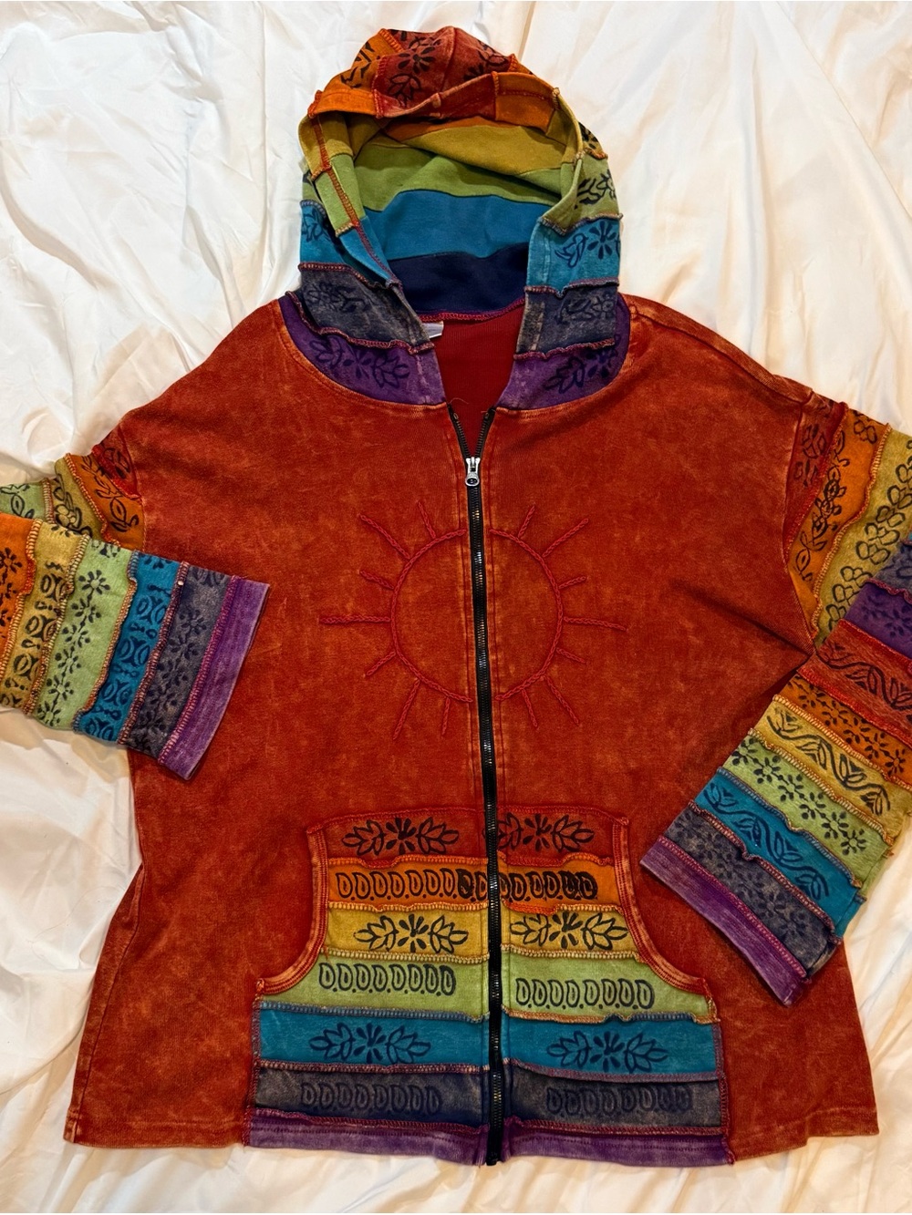Women's Burnt Orange Boho Zip Hoodie Multicolor Stripe Accents Size XXL (GG15)